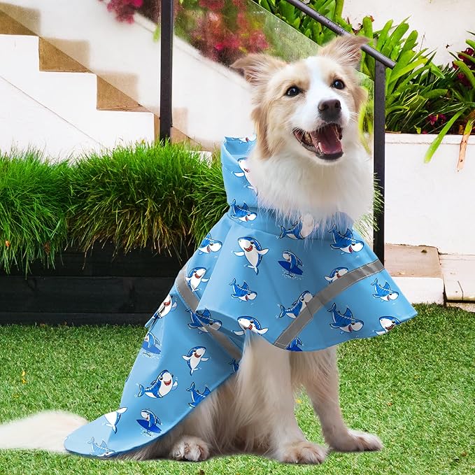 NACOCO Large Dog Raincoat Adjustable - Pet Shark Water Proof Clothes Lightweight Rain Jacket Poncho Hoodies with Strip Reflective Blue (2XL, Blue Shark)