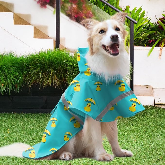 NACOCO Large Dog Raincoat Adjustable - Pet Rubber Ducks Yellow Water Proof Clothes Lightweight Rain Jacket Poncho Hoodies with Strip Reflective Pink (Lake Green XL, Sunglass Duck)