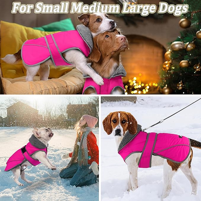 Dogcheer Dog Coat, Waterproof Dog Jacket Reflective Pet Winter Coat with Adjustable Hook & Loop, Christmas Puppy Fleece Jacket Warm Turtleneck Snowsuit for Small Medium Large Dogs - Pink, XL