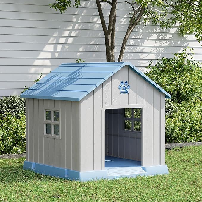 Dog House Outdoor Indoor - Waterproof, Ventilated, Easy to Clean, Elevated Floor for Small-Large Dogs, Easy to Assemble (Blue, 31" L x 33.3" W x 33.5" H)