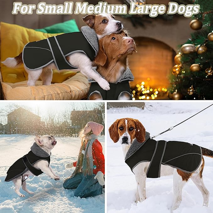 Dogcheer Dog Coat, Waterproof Dog Jacket Reflective Pet Winter Coat with Adjustable Hook & Loop, Christmas Puppy Fleece Jacket Warm Turtleneck Snowsuit for Small Medium Large Dogs - Black, 2XL