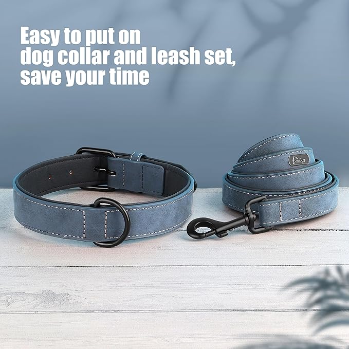 Didog Soft Padded Leather Dog Collar and Leash Set, Adjustable Dog Leash and Collar Set with Metal Buckle, Breathable Dog Collars with 4FT PU Leather Dog Leash for Medium Large Dogs, Blue, L