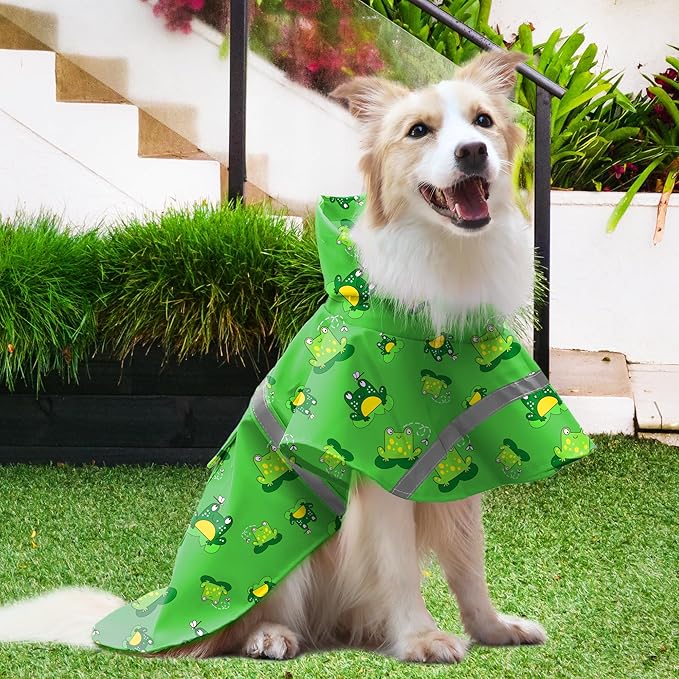 NACOCO Large Dog Raincoat Adjustable - Pet Frog Water Proof Clothes Lightweight Rain Jacket Poncho Hoodies with Strip Reflective Green (L, Green Frog)