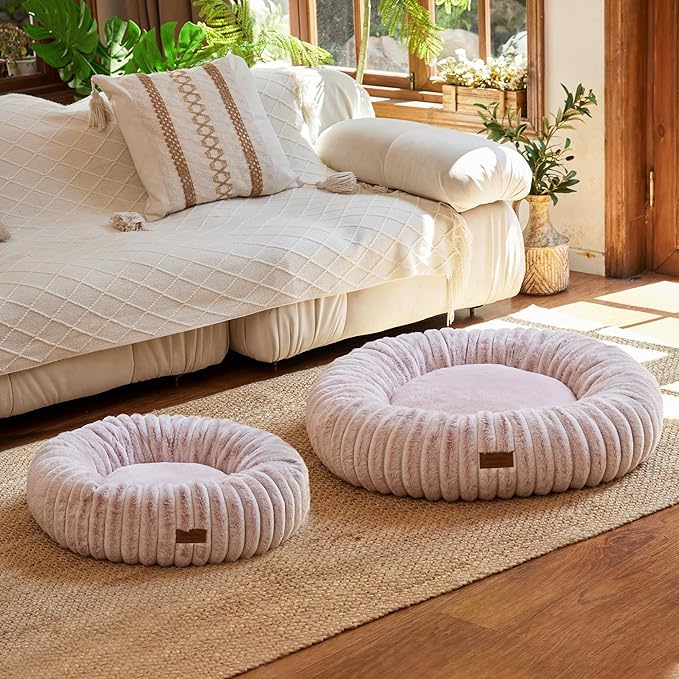 FUKUMARU Dog Bed, Calming Donut Dog Beds for Anxious Puppies, Modern Aesthetic Cat Bed with Gradient Print, Cute Round Pet Beds with Washable Cover, Orthopedic Puppy Bed, Pink, Small, 25 inches