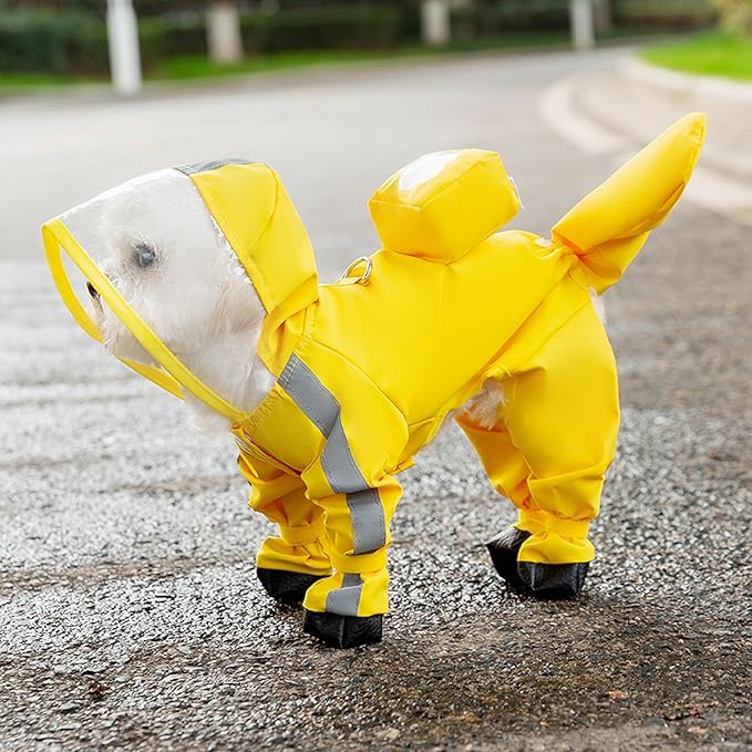 Small Dog Raincoat with Legs, Ideal for Teddy Bears, Waterproof Full Coverage with Mini Backpack, Reflective Hoodie and Detachable Tail (Yellow, Medium(Suggest Weight 5.5-8.8lb))