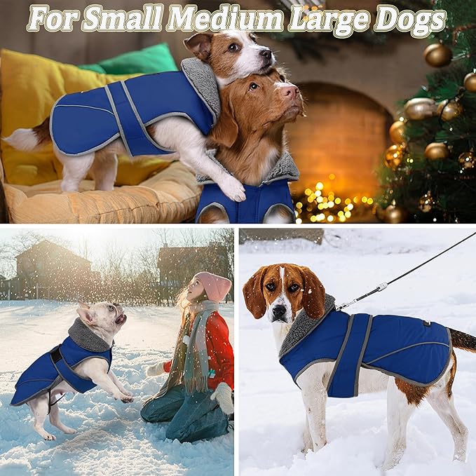 Dogcheer Dog Coat, Waterproof Dog Jacket Reflective Pet Winter Coat with Adjustable Hook & Loop, Christmas Puppy Fleece Jacket Warm Turtleneck Snowsuit for Small Medium Large Dogs - Blue, S