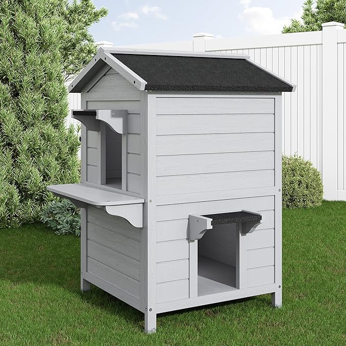 Outdoor Cat House, 2-Story Feral Cat Shelter with Weatherproof Roof for Winter, Weatherproof Wooden Cats House with Escape Doors