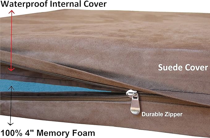XL Durable Waterproof Dog Bed with Orthopedic Gel Cooling Memory Foam Pad for Medium to Large Pet, Microsuede in Brown Color, 40"X35"X4"