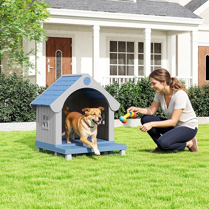 Dog House Outdoor Indoor, Weatherproof Insulated Dog House with Elevated Floor and Air Vents for Small to Medium Dogs,Easy Clean and Assemble (Blue1, 32.95" L×31.5" W×37.88" H)
