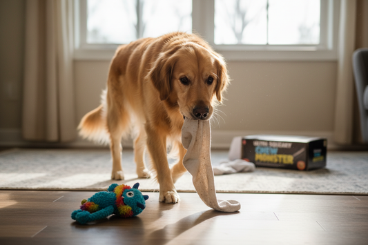 Anxious dog sitting by front door watching owner leave