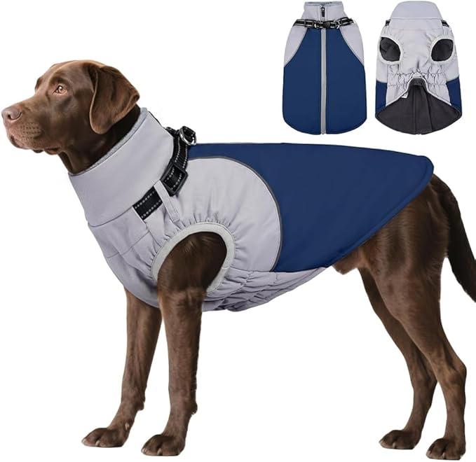 DENTRUN Dog Coat with Harness Built in, Easy On/Off Zipper Closure Winter Dog Vest, Water-Repellent Fleece Lined Warm Jacket with Reflective for Large Dogs, Dark Blue, XXL