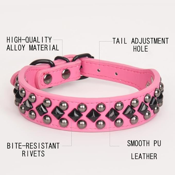 Serijoars Spiked Studded PU Leather Dog Collar for Small, Medium, Large Breeds, Pit Bull, Bully, Husky, Terrier, Adjustable (Hot Pink, S (27-33CM))