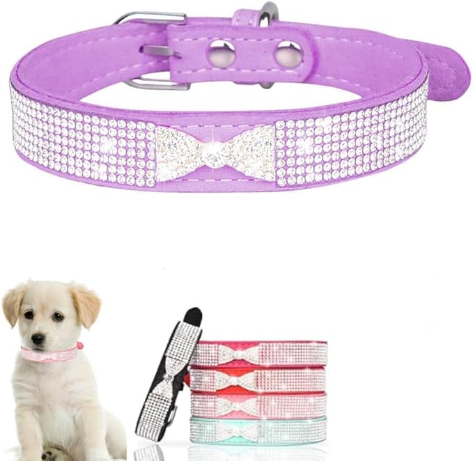 Serijoars Small Dog Collar with Rhinestone Crystal Diamond Colorful Bling Girl Puppy Cat Collars (L, Purple3)