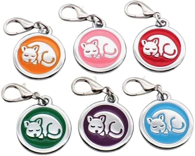 Personalized Cat ID Tags with Lobster Claw Clasp for Kittens and Cats - Small pet Tags for cat Collar, Custom cat Name Tags (Sleeping-Round-Small: Purple)