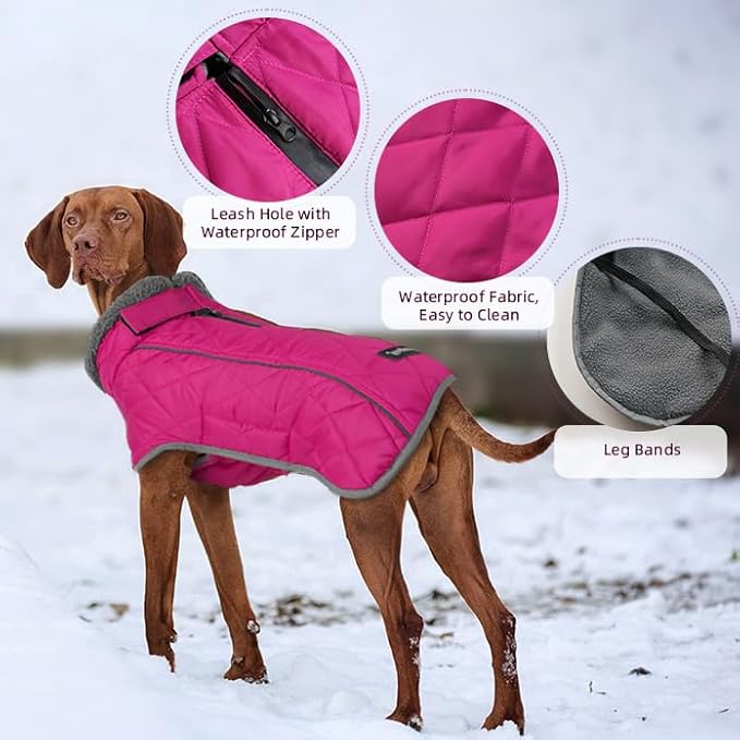 Fragralley Dog Coat Large, Waterproof Dog Jacket with Warm Fleece Lining, Adjustable Reflective Dogs Winter Coat, Turtleneck Pet Coats for Cold Weather (Rose Pink XL)