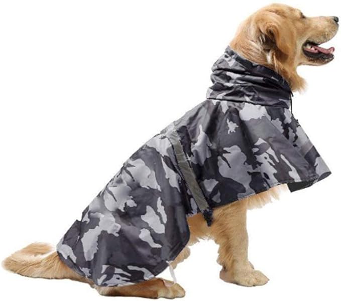 Mikayoo Large Dog Camouflage Raincoat Ajustable Pet Waterproof Clothes Lightweight Rain Jacket Poncho Hoodies with Strip Reflective(Gray L)