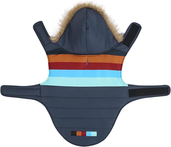 HDE Dog Puffer Jacket Fleece Lined Warm Dog Parka Winter Coat with Harness Hole Navy Retro Stripe - L