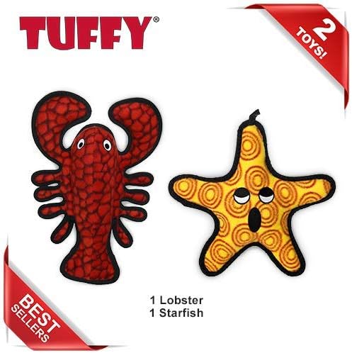 TUFFY - World's Tuffest Soft Dog Toy - Ocean Larry Lobster -Squeakers - Multiple Layers. Made Durable, Strong & Tough. Interactive Play (Tug, Toss & Fetch). Machine Washable & Floats. (Combo Pack)