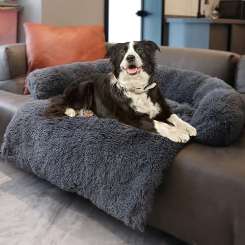Calming Dogs/Cats Bed Mats, Dog Pad Washable Removable Couch Cover, Plush Long Fur Mat for Pets, Waterproof Lining, Perfect for Small, Medium and Large Dogs and Cats (Navy Blue, 53"x39")