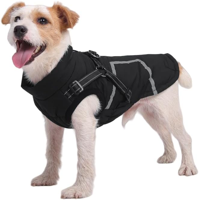 Warm Dog Coat Reflective Jacket, Waterproof Winter Coat for Dogs Turtleneck Dog Clothes for Cold Weather (Black, S(Chest:14.1-15.7",Neck:(12.9"))