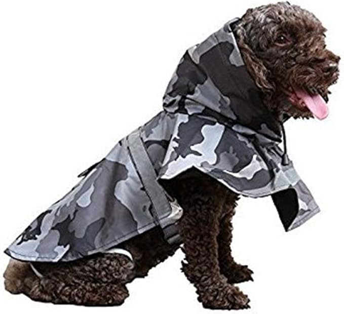 Mikayoo Large Dog Camouflage Raincoat Ajustable Pet Waterproof Clothes Lightweight Rain Jacket Poncho Hoodies with Strip Reflective(Gray XL)