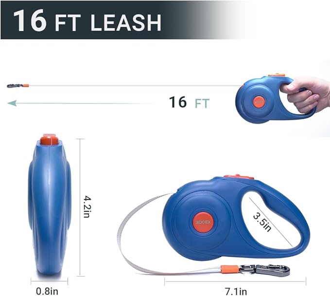 Retractable Dog Leash for Small and Medium Dogs 16 ft, Heavy Duty Nylon Rope with Poop Bag Dispenser, Impact Proof Carabiner, Anti-Slip Handle (Blue, 16FT)