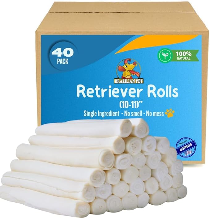 Brazilian Pet All Natural Treats Rawhide Retriever Beefhide Rolls Dog Chews Bones, Single Ingredient - Long Lasting Chew 10-11" (40 Count)