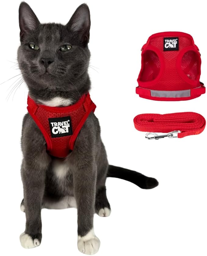 Travel Cat Harness and Leash Set - Adjustable Fit Mesh Cat Harness and Reflective Strap - Comfort Escape Proof Harness for Cats, Kitten for Outdoor Walking, Hiking (Large, Red)