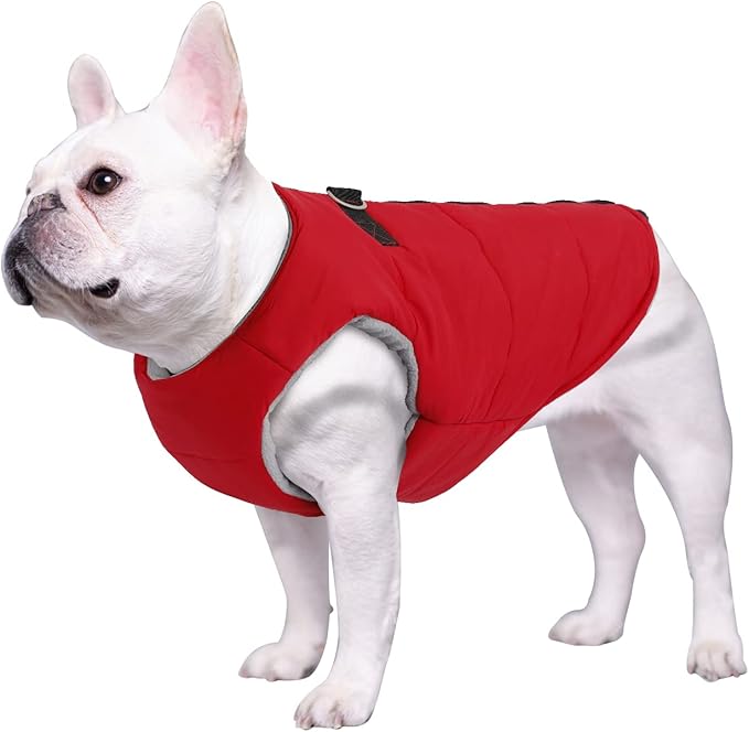 Geyecete Dog Bulldog Clothes Dog Cotton Padded Coat Thick Winter Warm Vest Waistcoat Cold Weather Jacket Clothing for French Bulldog Coat-Red-L