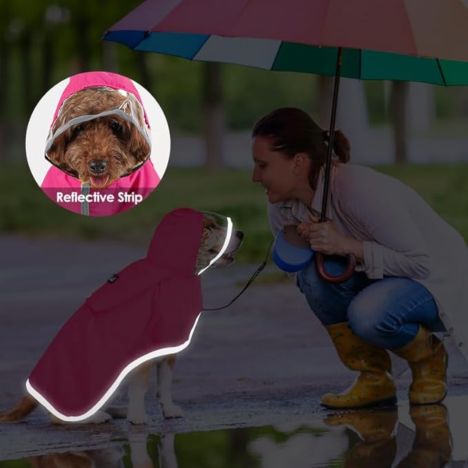 SlowTon Dog Raincoat, Adjustable Dog Rain Jacket Clear Hooded Double Layer, Waterproof Poncho with Reflective Strip Straps and Storage Pocket for Small Medium Large Dogs Puppies(FU M)