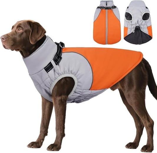 DENTRUN Dog Coat with Harness Built in, Heavy Duty Winter Dog Coat, Warm Fleece Lined Adjustable Belly for German Shepherd, Orange, XXL