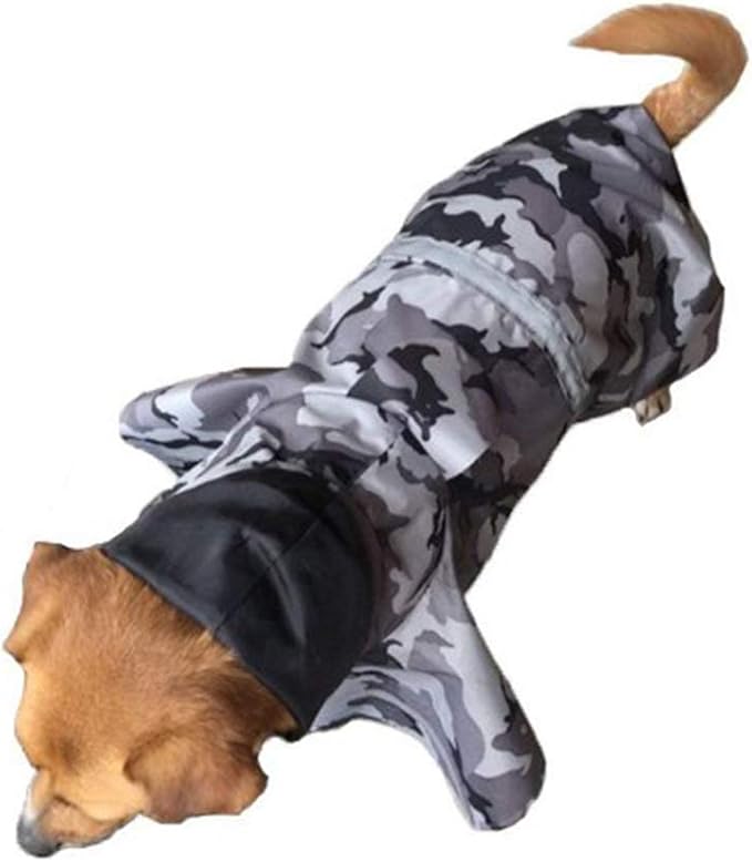 Mikayoo Large Dog Camouflage Raincoat Ajustable Pet Waterproof Clothes Lightweight Rain Jacket Poncho Hoodies with Strip Reflective(Gray L)