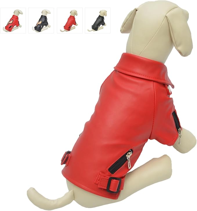 Lovelonglong Cool Dog Leather Jacket, Warm Coats Dogs Windproof Cold Weather Coats for Large Medium Small Dogs, Pomeranian Clothing Red M