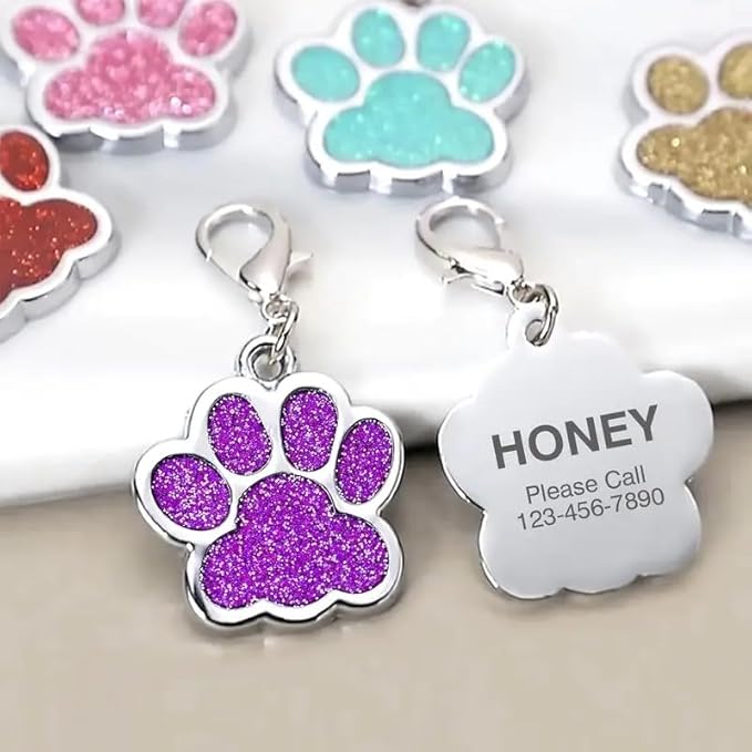 Cute Personalized Pet Name Tags for Cats/Dogs - Glitter Custom pet id tag, Dog id Tags Engraved for Pets, Customizable cat tag, pet Collar Charms, Dog Name tag (Paw-Shaped-Small: Red)