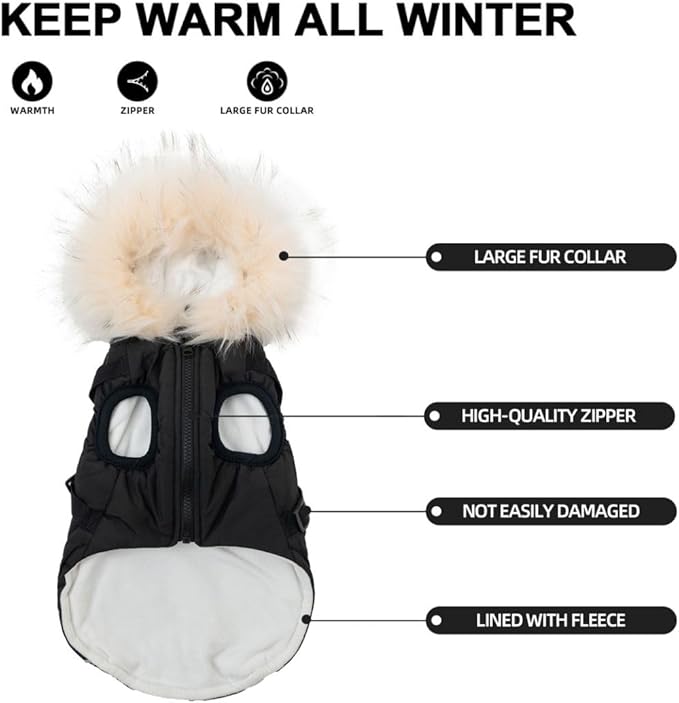 PINA Dog Winter Coat with Waterproof Fabric and Faux Fur Hood, Black, 2XL
