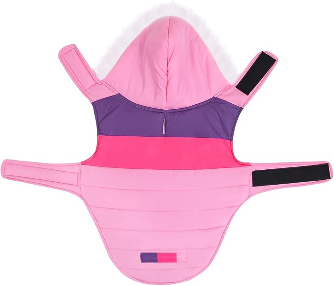 HDE Dog Puffer Jacket Fleece Lined Warm Dog Parka Winter Coat with Harness Hole Pink Stripe - M