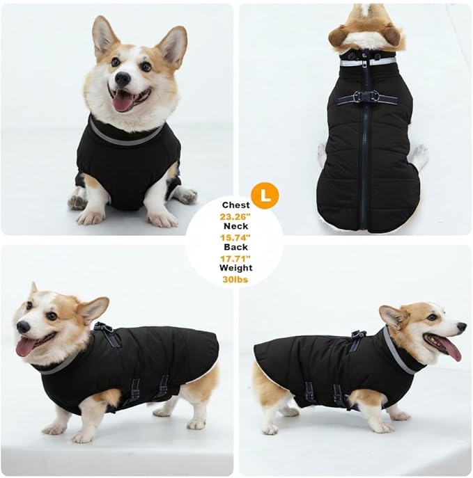 Dog Coat with Harness Built-in, Waterproof Reflective Fleece Lined - Warm Windproof Winter Jacket with Back Zipper, Cold Weather Snow Dog Coats - Black - L