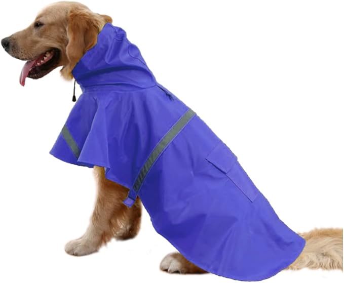 Large Dog Raincoat Adjustable Pet Waterproof Clothes Lightweight Rain Jacket Poncho Hoodies with Strip Reflective(Dark Blue,XL)