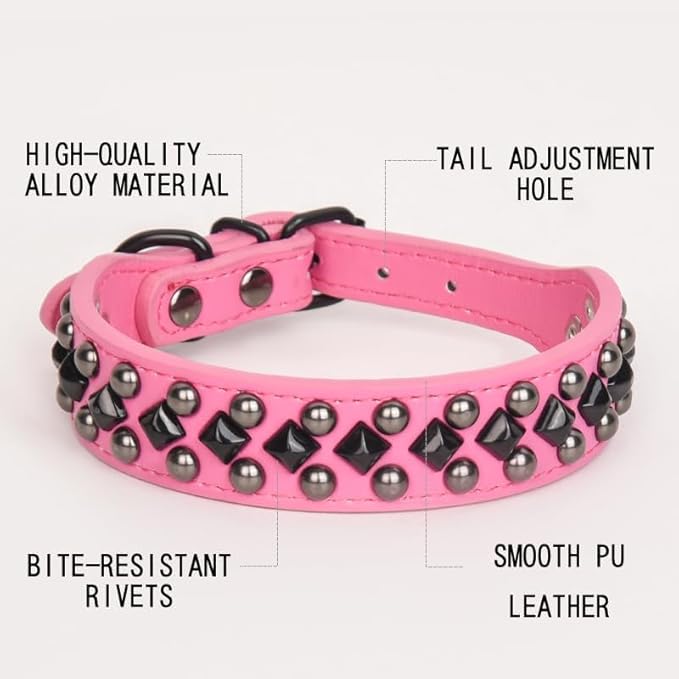 Serijoars Spiked Studded PU Leather Dog Collar for Small, Medium, Large Breeds, Pit Bull, Bully, Husky, Terrier, Adjustable (Hot Pink, M (32-38CM))
