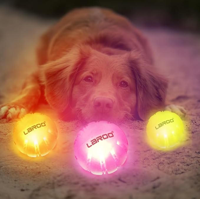LaRoo LED Dog Balls Rechargeable,Light up Dog Ball Glow in The Dark,Teeth-Cleaning Natural Rubber,Interactive Dog Toys for Small & Medium Dogs,2.5 inches(Purple)