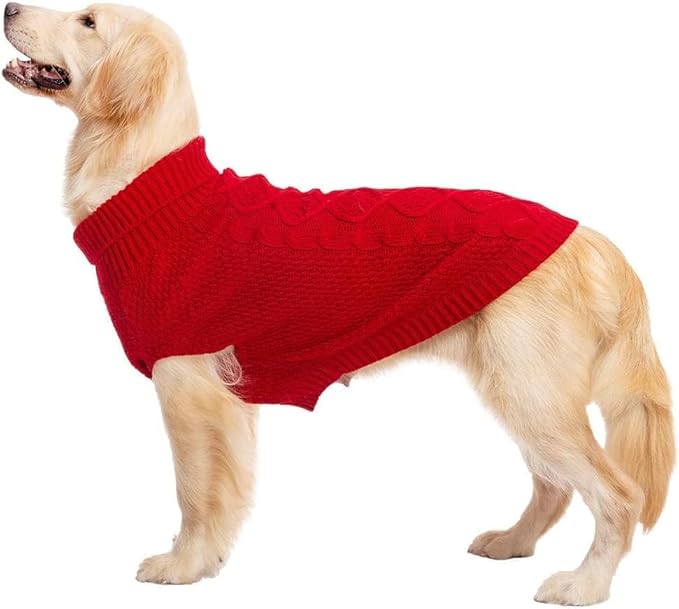Mihachi Turtleneck Dog Sweater - Winter Coat Apparel Classic Cable Knit Clothes with Leash Hole for Cold Weather, Ideal Gift for Pet in New Year Red X-Large