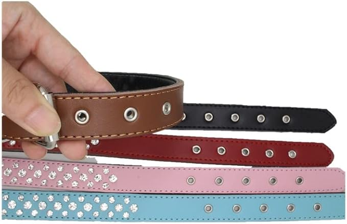 Rhinestones Dog Collar, Adjustable Sparkly Crystal Studded Genuine Leather Pet Dog Collar for Small and Medium Dogs (L, Pink)
