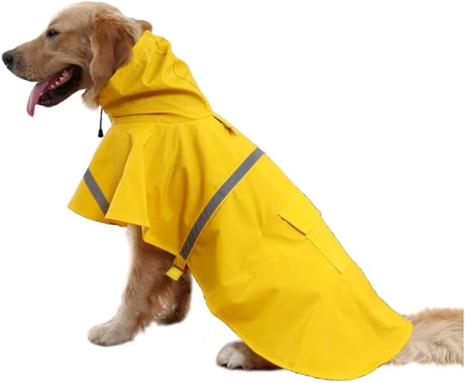 Mikayoo Large Dog Raincoat Adjustable Pet Waterproof Clothes Lightweight Rain Jacket Poncho Hoodies with Strip Reflective (XL, Yellow)