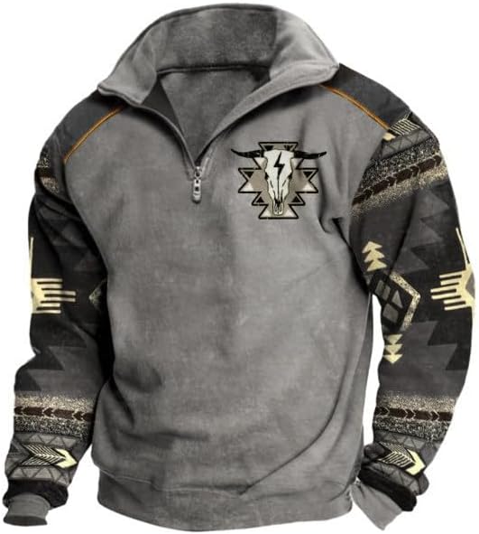 HOTYD Aztec Cowboy Mens Hoodie Vintage Graphic Western Hoodies Casual Long Sleeve 1/4 Zip Pullover Mens Country Jacket