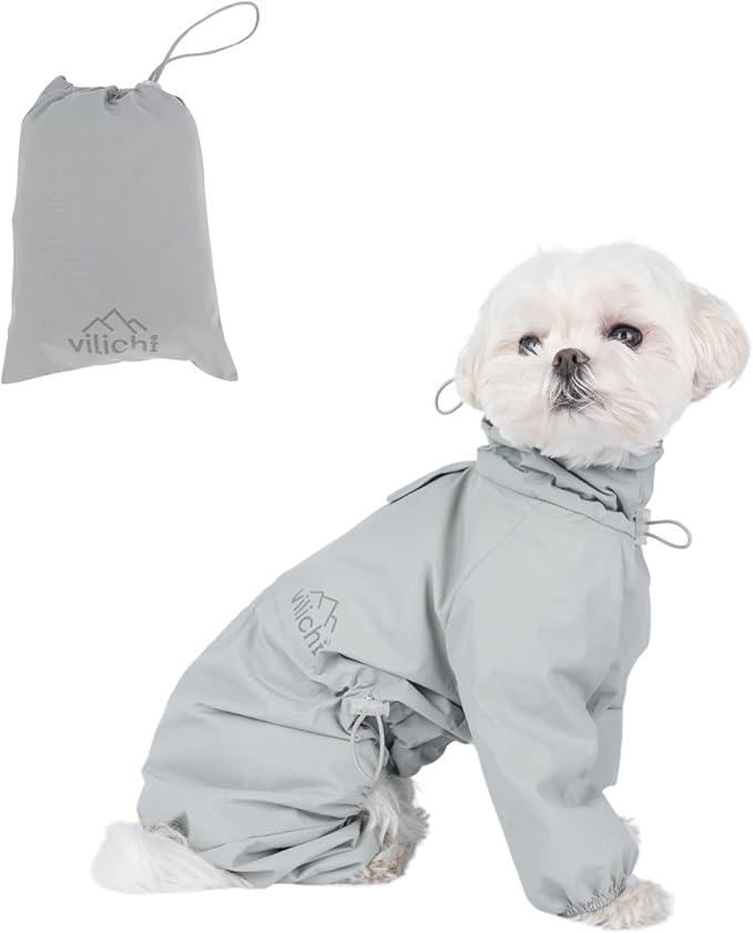 Dog Raincoat, Waterproof Coat, Light Weight & Weather Resistant Shell, Full Coverage Rain Jacket with Legs, Grey, Including Storage Bag, for Medium Breed (XX-Large)