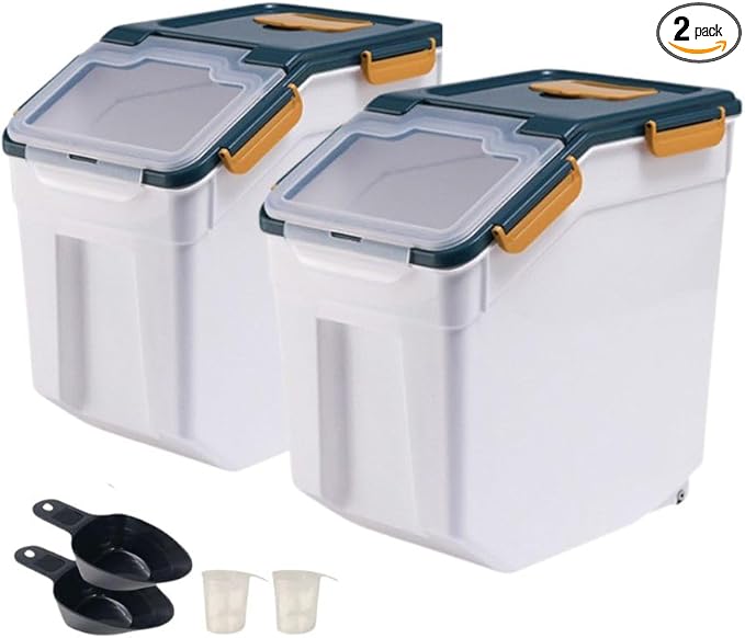 2 Pack Rice Storage Container 25 lbs, Airtight Flour Storage Containers with Wheels Seal Locking Lid, BPA Free, Rice Bin with Measuring Cup & Scoop for Flour, Sugar, Cereal (Blue)