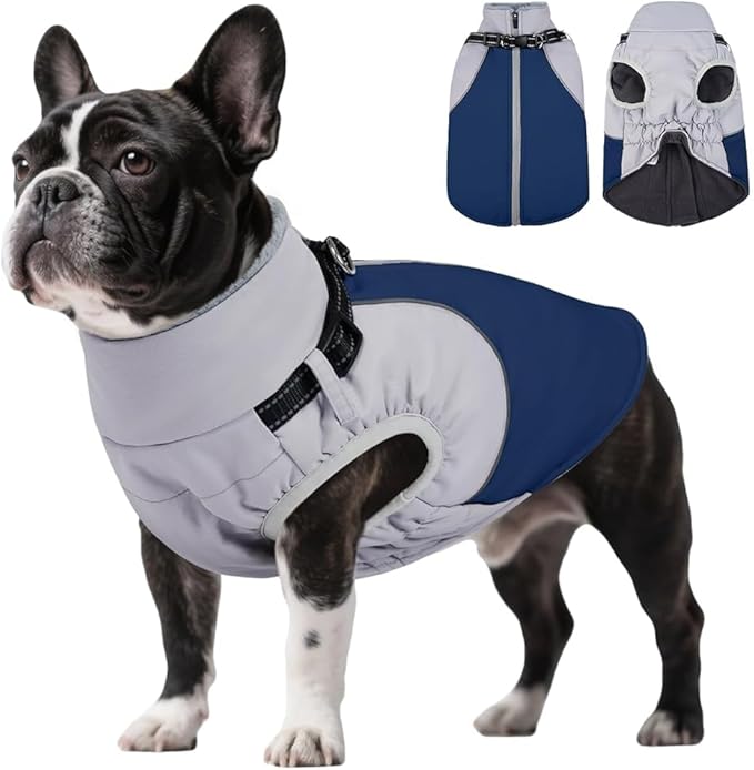 DENTRUN Dog Coat with Harness Built in, Easy On/Off Zipper Closure Winter Dog Vest, Water-Repellent Fleece Lined Warm Jacket with Reflective for Small Dogs, Dark Blue, XS