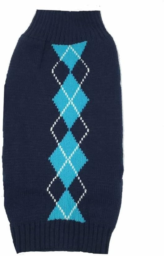 Alemon Blue Argyle Cable Knit Turtleneck Sweater for Medium Dogs Knitwear Girl Boy Dog Sweater Back Length 19"