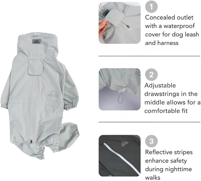 Dog Raincoat, Waterproof Coat, Light Weight & Weather Resistant Shell, Full Coverage Rain Jacket with Legs, Grey, Including Storage Bag, for Small and Medium Breed(Medium)