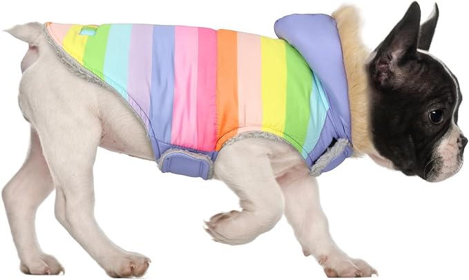HDE Dog Puffer Jacket Fleece Lined Warm Dog Parka Winter Coat with Harness Hole Pastel Rainbow - S